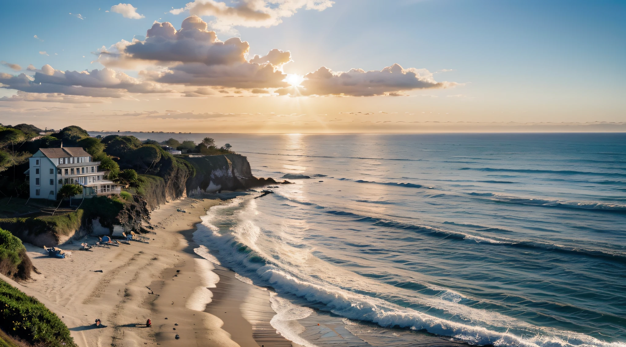 The sun poured its heat over the small coastal town, painting a picture of tranquility at the beginning of an unforgettable summer. The waves gently broke on the beach, and the ocean stretched as far as the eye could see. Emily's family inn, an ancient gem overlooking the sea, was the heart of this charming community, high quality, 8k, cinematic