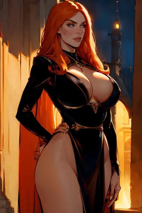 ((Masterpiece)), beautiful, super model, 1 Girl, large Boobs, (Long bright orange hair with bangs), amber eye color: 1.5, sharp nose Perfect Body, straight eyebrows, pointed chin, wide hips, ((black evening gown)), (serious expression)