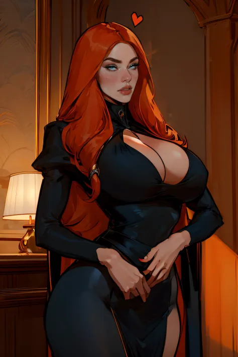 ((Masterpiece)), beautiful, super model, 1 Girl, large Boobs, long hair, orange hair, bangs, sharp nose, Perfect Body, straight eyebrows, pointed chin, wide hips, ((black modern gown)), heart shaped face, (sultry expression), highrise apartment