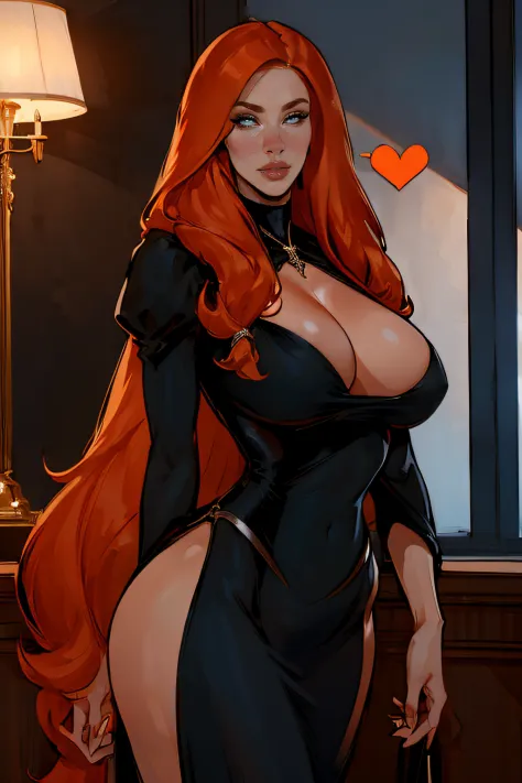 ((Masterpiece)), beautiful, super model, 1 Girl, large Boobs, long hair, orange hair, bangs, sharp nose, Perfect Body, straight eyebrows, pointed chin, wide hips, ((black modern gown)), heart shaped face, (sultry expression), highrise apartment