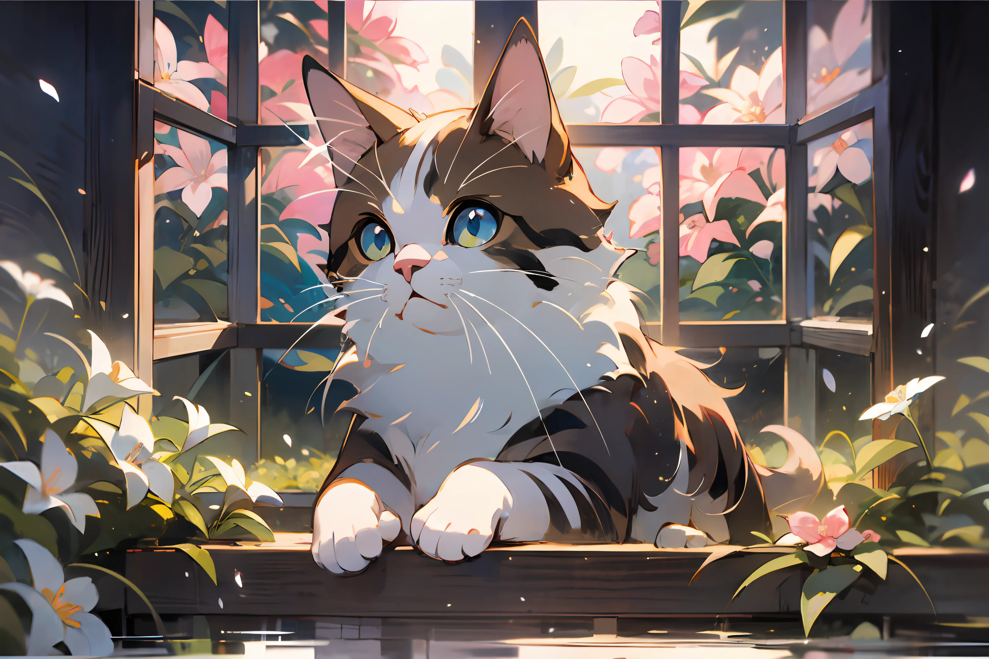 Lindo gato títere blanco, hayao miyazaki estilo de ensueño, ilustración animal surrealista, arco, flores, ventana, cielo, arte meiji, pintura de color claro, capas ricas, pintura figurativa realista, estilo de retrato realista con hiperdetalle, Japón neotradicional, bordes suaves, fantástica ilustración, (Fondo de pantalla CG unity 8K muy detallado), Fondo limpio, luz natural, mejor calidad, hiperdetalle,