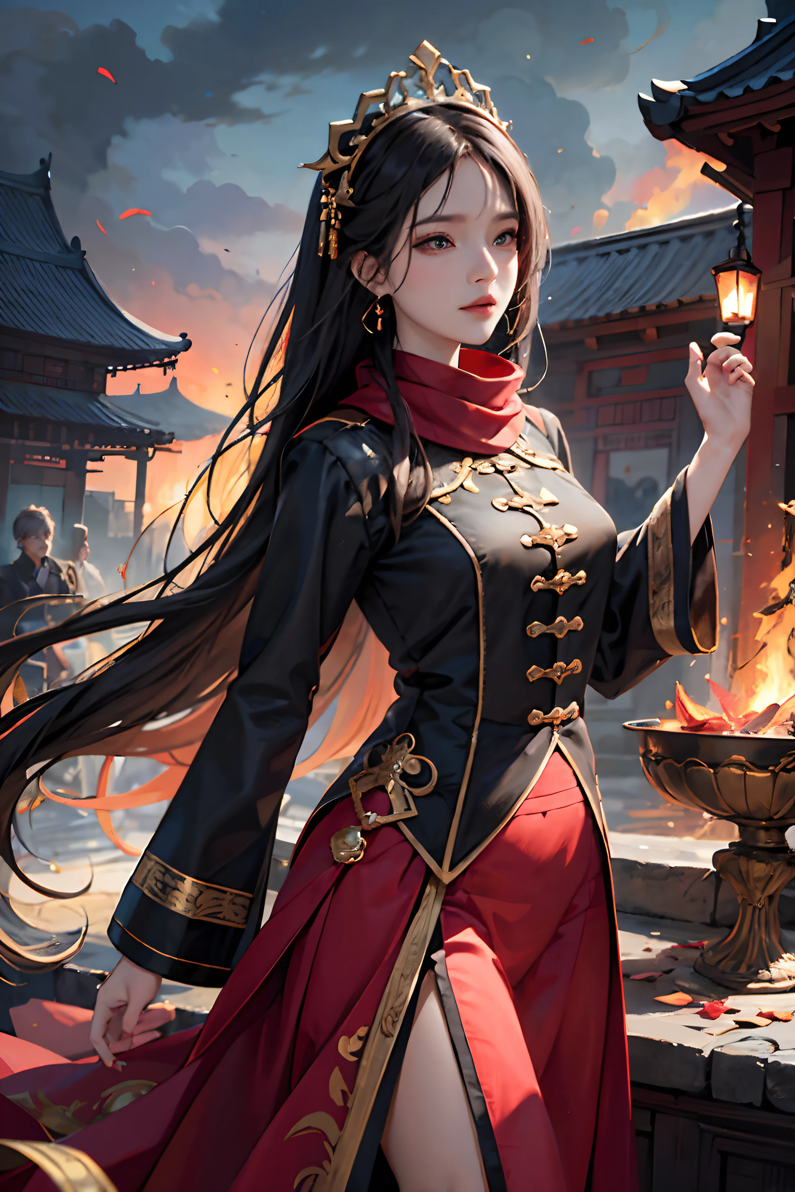 32K（tmasterpiece，k hd，hyper HD，32K）Long flowing black hair，ponds，zydink， a color， Xuzhou people （Seduce girls）， （Red scarf in the snow）， Combat posture， looking at the ground， Carp pattern headdress， Chinese long-sleeved silver cheongsam， （Abstract gouache splash：1.2）， perfect eyes, ancient palace in flame，Tulips flying（realisticlying：1.4），jewelry, Fallen leaves flutter，The background is pure， A high resolution， the detail， RAW photogr， Sharp Re， Nikon D850 Film Stock Photo by Jefferies Lee 4 Kodak Portra 400 Camera F1.6 shots, Rich colors, ultra-realistic vivid textures, Dramatic lighting, Unreal Engine Art Station Trend, cinestir 800，see-through transparent clothes, fire magic, (((big fire))), ((long skirt)), smokes, sparkles, ruins, battleground, (((big fire waves)))