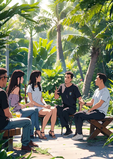 group of 12 Brazilian men and women talking to each other, wearing casual clothes, sitting in a circle in a square with many Ama...