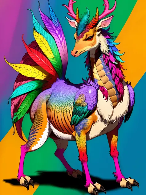 a dragon-like deer like  creature with bright and colorful patterns and feathers, along with feathered hooves and a big colorful crest on their neck.