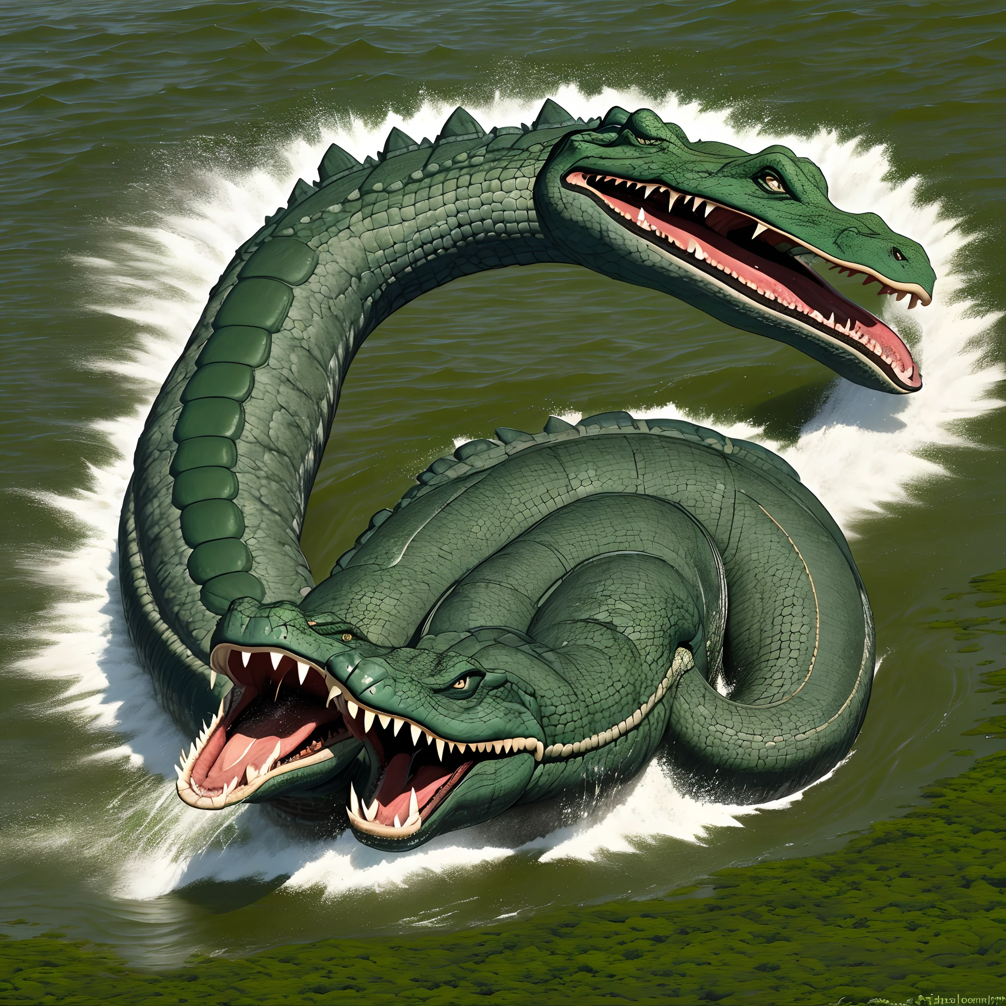Giant anaconda fighting with a huge jaguar and a giant alligator Açu in the middle of the Amazon River