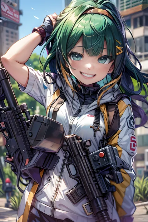 (tmasterpiece), (top-quality), realisticlying, ciinematic light, ((Hinata smiling with a machine gun)),  Posing with sexual over...