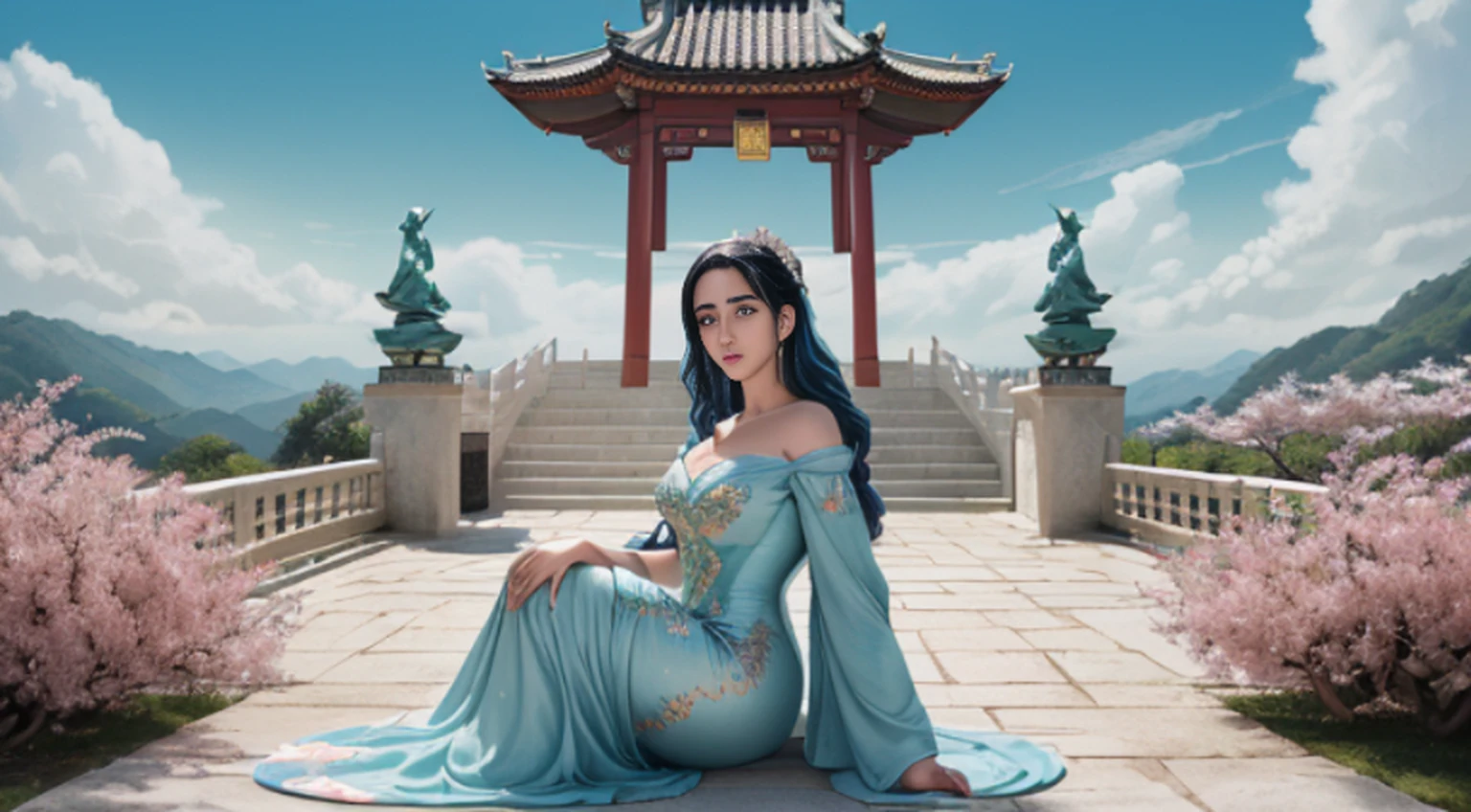 ((melhor qualidade)), ((obra-prima)), (detalhado), Empress Dragon "Jennifer Connelly", olhos realistas, cabelo preto, olhos azuis, seios pequenos, vestido de setin koreano sensual, paisagem maligna, ethereal beauty, (Fantasy Illustration:1.3), olhar encantador, pose cativante, garota solo, charme sobrenatural, mystical sky, gazebo,(escultura em papel:1.5),Stooping, (Mar de nuvens brancas:1.3), (nuvens brancas:1.3), (peach blossom:1.2), Montanhas, soft lighting，Elementos Orientais, sonhador, pastels colors, cores brilhantes, Traditional Chinese color scheme, ( Reasonable design, linhas claras, alta nitidez,melhor qualidade, Very detailed, master part, arte oficial, Efeito de luz do filme, 4k ),