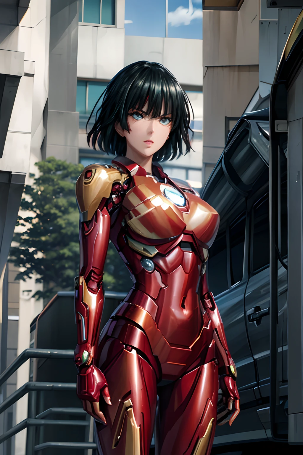 Fubuki, a sexy and attractive woman inspired by Iron Man with a shiny Iron Man robot. She dresses with sensuality and confidence, perfectly interpreting the strength and charisma of Iron Man.