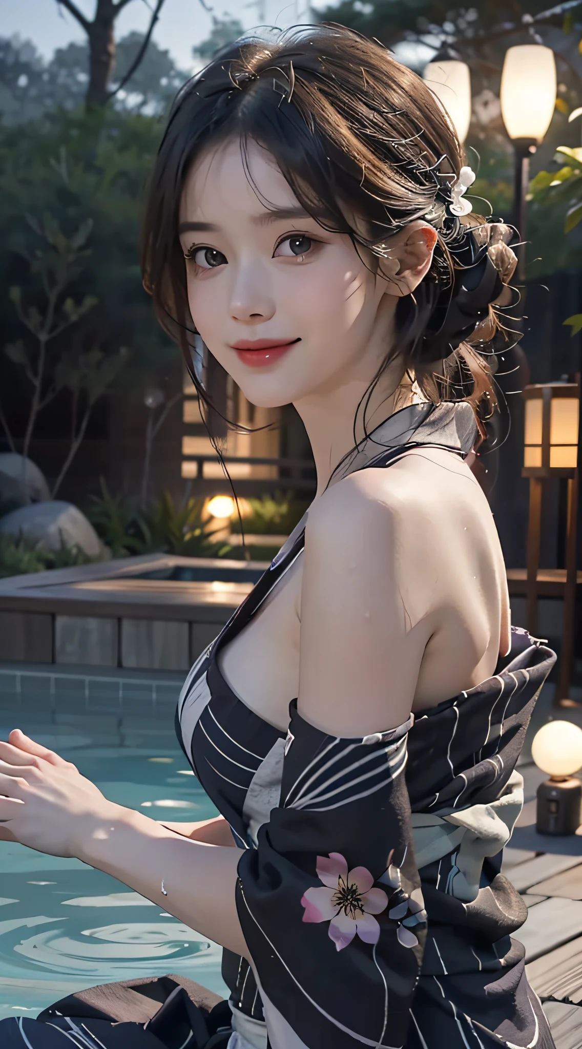 1girl, extremely cute face, Amazing face and eyes, (highly detailed eyes, highly detailed face), Fresh, very clean appearance, (hyper-realistic, hight resolution), (best Quality:1.4), Raw photo, (Realistic, Photorealsitic:1.37), Professional Photography, Cinematic Light, (floral pattern yukata:1.25), (amazing big breasts:1.1), (open yukata), (bare shoulders), Smile slightly, Staring at me, outdoor, Hot springs, (open-air bath at night:1.5), (dark forest), trees, rocks, lantern light, candle light,