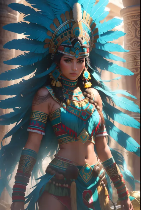 Un primer plano de una mujer con un disfraz con plumas, Diosa guerrera azteca, Retrato de la princesa azteca, Reina azteca, Guer...