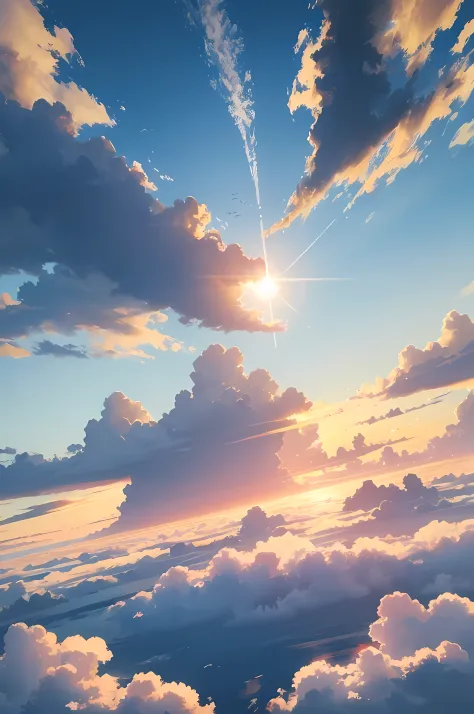there is a sea of clouds with birds flying through, clouds, beautiful color sky, sun, sun flare, beautiful light, horizon, unreal engine 5 environment, unreal engine 5 highly rendered, unreal engine 5 hdr, hdr render in unreal engine 5, unreal engine 5 4 k...