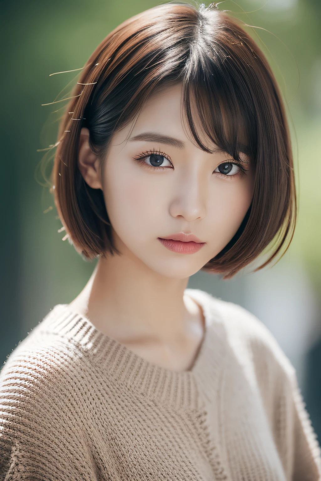 a close up of a woman with a sweater on posing for a picture, Middle metaverse, 奈良美智, Japanese Models, Beautiful Asian Girl, With short hair, 2 4 years old female model, 4 k ], 4K], 2 7 years old, sakimichan, sakimichan