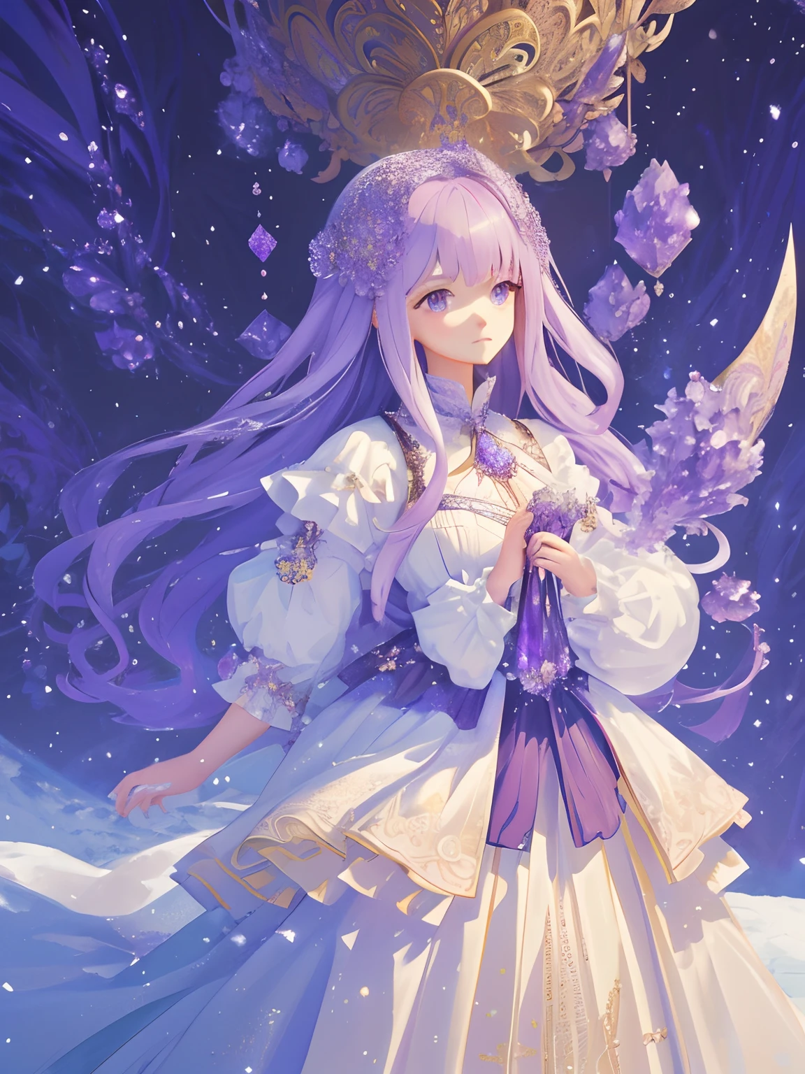 (​masterpiece、top-quality、top-quality、Official art、Beautifully Aesthetic:1.2)、(1girl in:1.3)、(Fractal Art:1.3)、　The scenery looks like a scene from a movie where snow falls　Studded sequins　Holding an amethyst crystal in both hands　Curled and fluffy perm girls