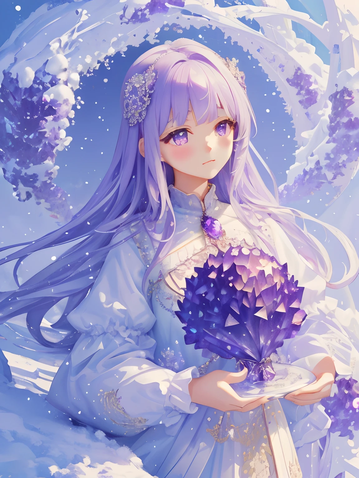 (​masterpiece、top-quality、top-quality、Official art、Beautifully Aesthetic:1.2)、(1girl in:1.3)、(Fractal Art:1.3)、　The scenery looks like a scene from a movie where snow falls　Studded sequins　Holding an amethyst crystal in both hands　Curled and fluffy perm girls
