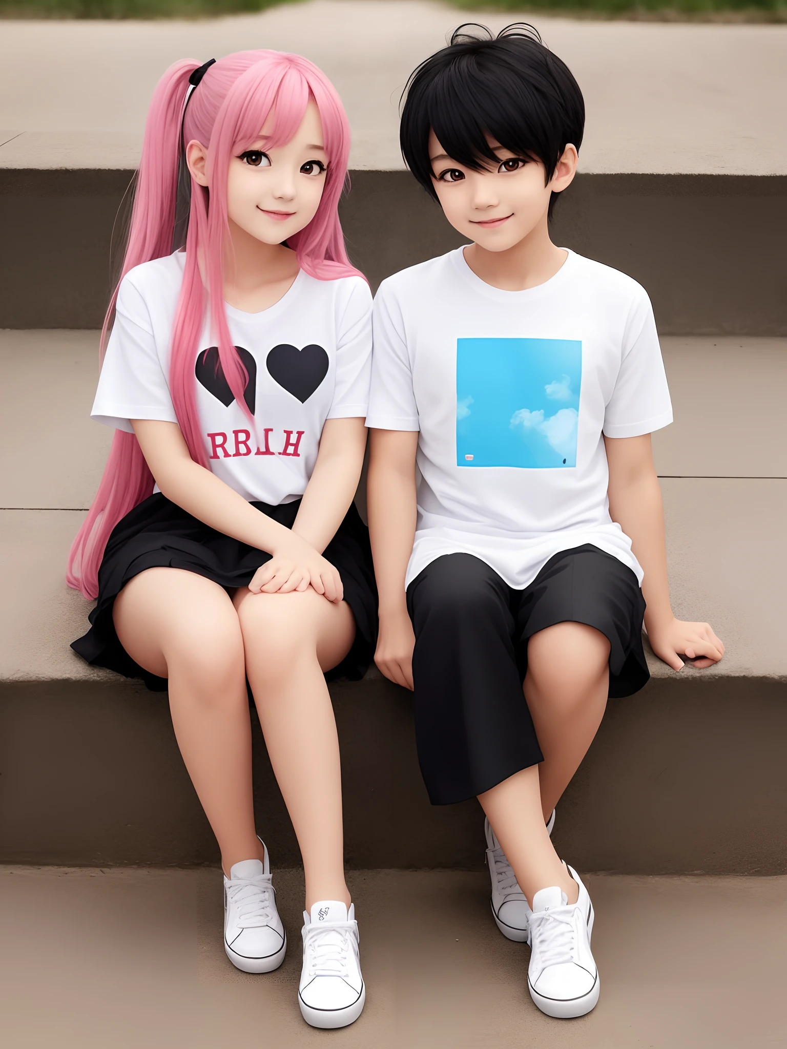 Two young children sitting on steps with pink hair and white t - shirts -  SeaArt AI