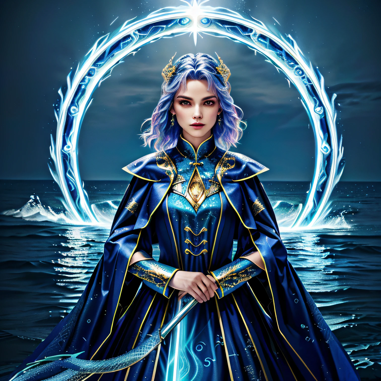 (("MASTER WIZARD'S DRAGON")) COM ROUPAS PRETAS E UMA ENERGIA PRETA, BLUE AND NEON WITH WATER ALL AROUND YOU IN HIGH DEFINITION 8K VOGUE COVER