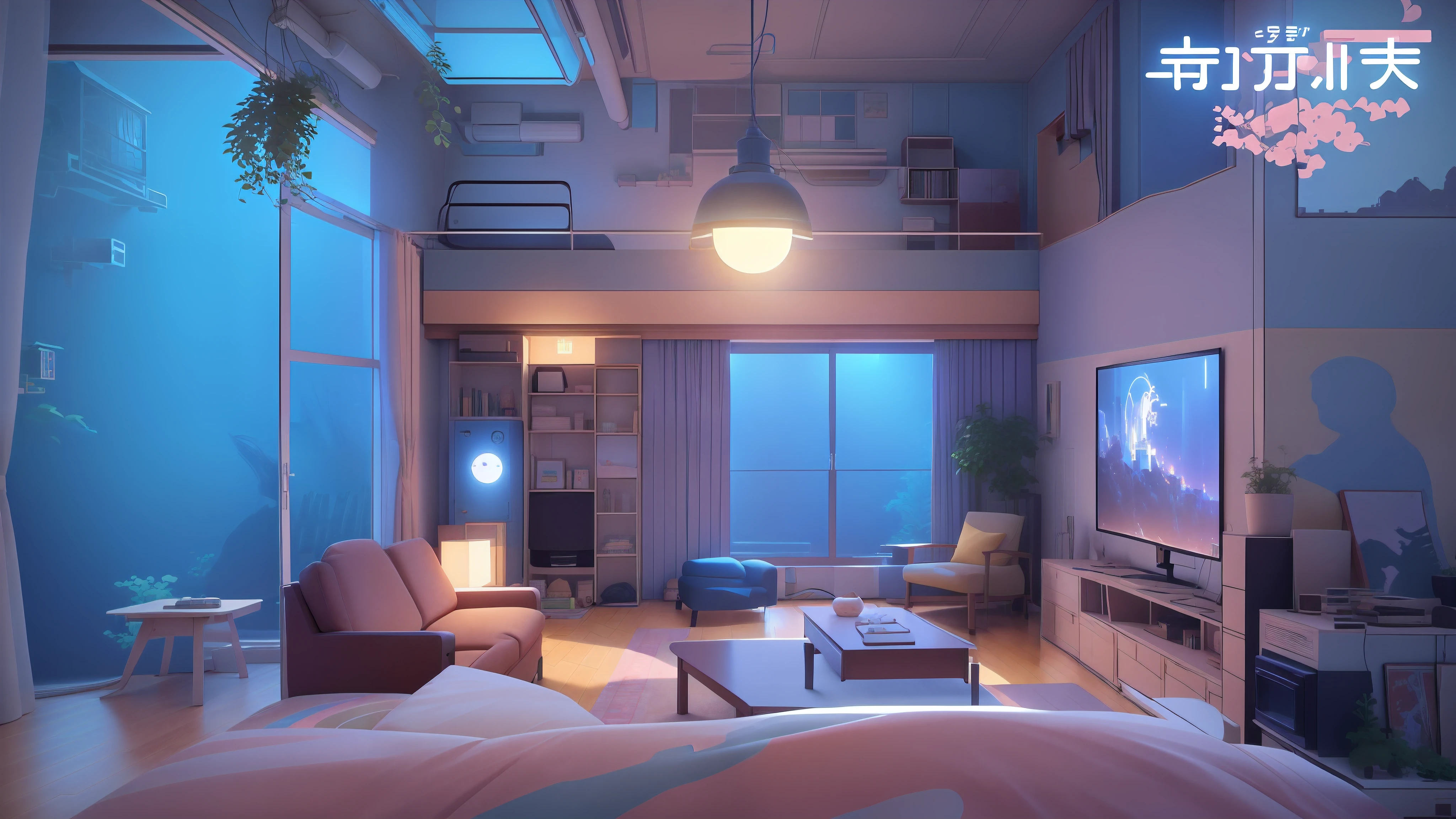 anime scene of a living room with a big fish tank, bedroom in