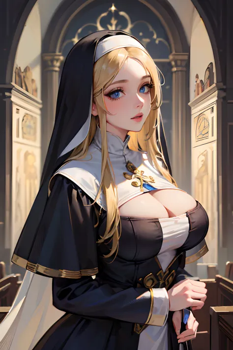 (best quality,4k,8k,highres,masterpiece:1.2),ultra-detailed,realistic,beautiful detailed blue eyes,beautiful detailed lips,extremely detailed face,long hair,1girl,beautiful blonde girl,wearing a nun's outfit,cute,attractive,church, retrato, detailed eyes