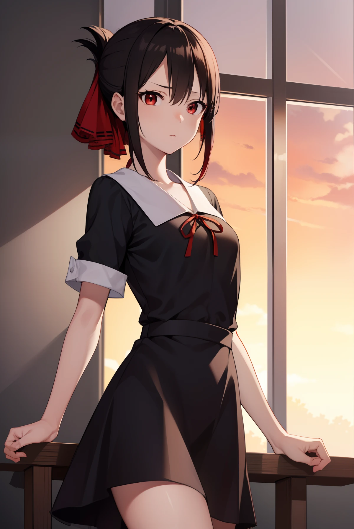 Kaguya Palace, Shinomiya Kaguya, folded ponytail, Forehead, Hair ribbon, (Red eyes:1.5), Red ribbon, ribbon, Short hair, side locks, (Small breast:1.2),
BREAK black dress, dress, pinafore dress, school uniform, shirt, Short sleeves, Repair thousands of school uniforms, White shirt,
BREAK looking at viewer,
Break indoors, Classroom,
Break (Masterpiece:1.2), Best quality, high resolution, Unity 8k wallpaper, (illustration:0.8), (Beautiful detailed eyes:1.6), Extremely detailed face, Perfect lighting, Extremely detailed CG, (Perfect hands, Perfect anatomy),