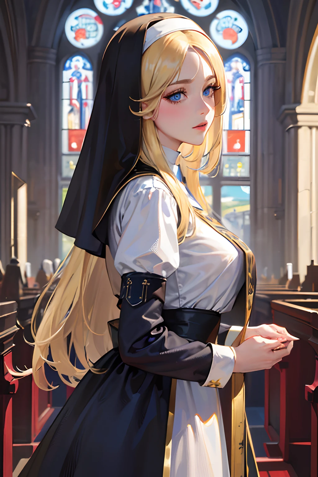 (best quality,4k,8k,highres,masterpiece:1.2),ultra-detailed,realistic,beautiful detailed blue eyes,beautiful detailed lips,extremely detailed face,long hair,1girl,beautiful blonde girl,wearing a nun's outfit,cute,attractive,church, retrato, detailed eyes