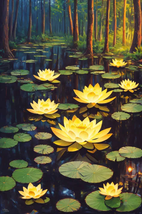"(best quality, realistic:1.37), buda, lotus position, dense and dark forest, illuminated"