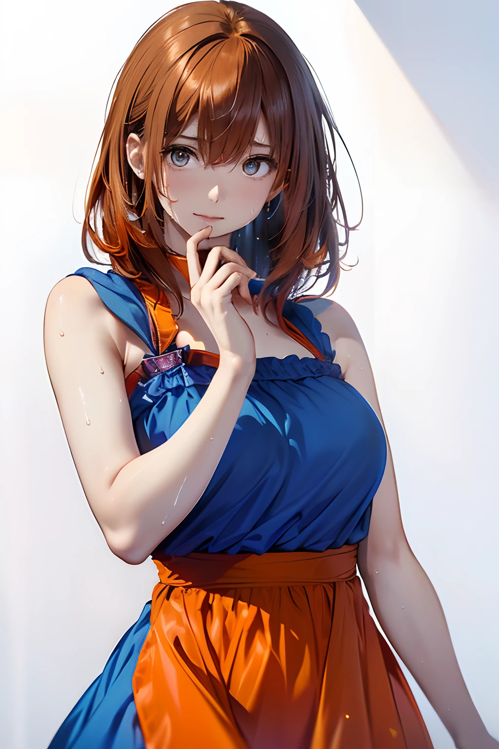 (Best Quality, 8K, Oil Painting, masutepiece:1.2), Ultra-detailed, (Realistic, Photorealistic:1.37), (((bustshot)))、(((bright orange hair)))、(((Wearing a gorgeous blue dress)))、(((upperbody shot)))、(((wearing a blue dress)))、(((２０Women of a certain age)))、(((wearing a blue dress)))、 (((Vermilion hair)))、(((semi long hair)))、((( White background)))、(((Girly Hairstyles)))、(((Wearing a luxurious dress)))、(((In front of a white wall)))、(((I'm tired)))、(((I'm in a hurry)))、(((Sweat is running down my cheeks)))、(((Running towards the right)))、(((Running at full speed)))