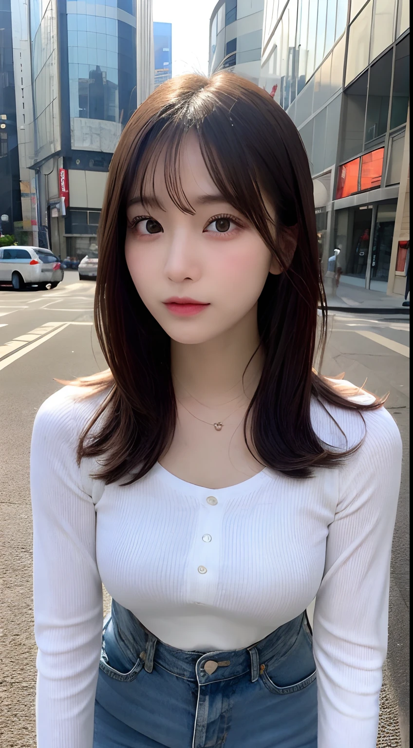 finely detail, hight resolution, hightquality、Perfect dynamic composition, Beautiful detailed eyes, Medium Hair, small tits、Natural Color Lip,Kamimei、Shibuya、20 years girl、1 persons、Transparent skin、Glowing hair、masutepiece, Best Quality, Ultra-detailed, finely detail, hight resolution, 8K、The correct state of the human body、crouching down、Gravure Model Pose,Beautiful sunset,In front of the café,beautiful ilumination,Photographed with hair fluttering in the wind,Colossal tits,((swet、The shape of the chest is visible:1.5,White shirt with long sleeves:1.5,denim pant)),Pinching the chest