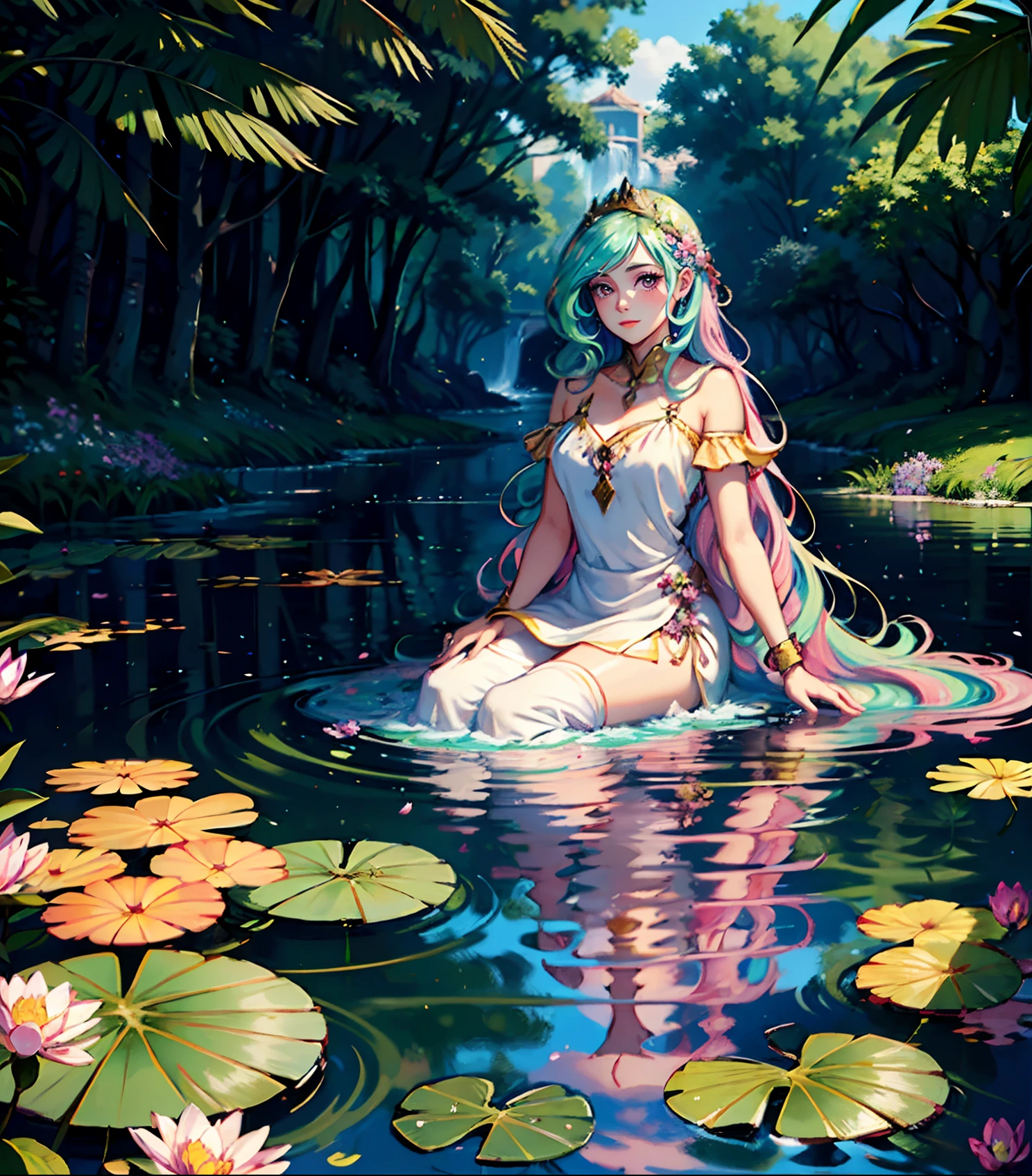 Celestia, celestia from my little pony, celestia in the form of a girl, long wavy hair, pink eyes, lush breast, greek columns, outside, beautiful majestic forest, vine leafs wrapping the columns, bush of flowers everywhere, wearing a white goddess dress, knee high boot, clear sky, bright sunny day, ((water fall)), river, water reflection, lily pads on water, glaring at viewer, sitting under a tree, falling petals