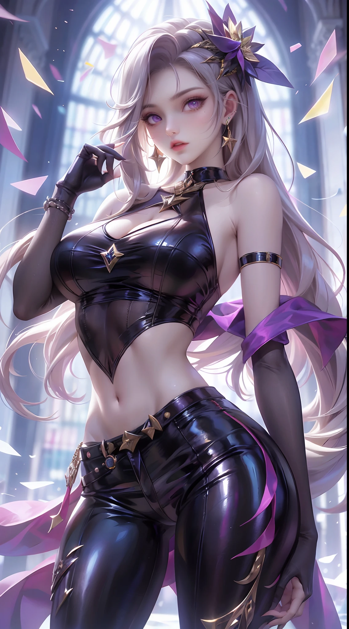 「En una impresionante Masterpiece en forma de retrato、Showcasing the highest quality art。The theme of this artwork is、It&#39;s a girl captured in amazing detail。」Pixiv Anime Realism Trends、Shibitai Perfect Body Perfect Face、Hands not visible、shot from the waist up、gigantic chest、Minamoto of the Grand Order of Fate、Signature fitted purple suit、More detailed 8K.unreal engine:1.4,UHD,La Best Quality:1.4, photorealistic:1.4, skin texture:1.4, Masterpiece:1.8,first work, Best Quality,object object], (detailed face features:1.4),(Eyes:1.4)