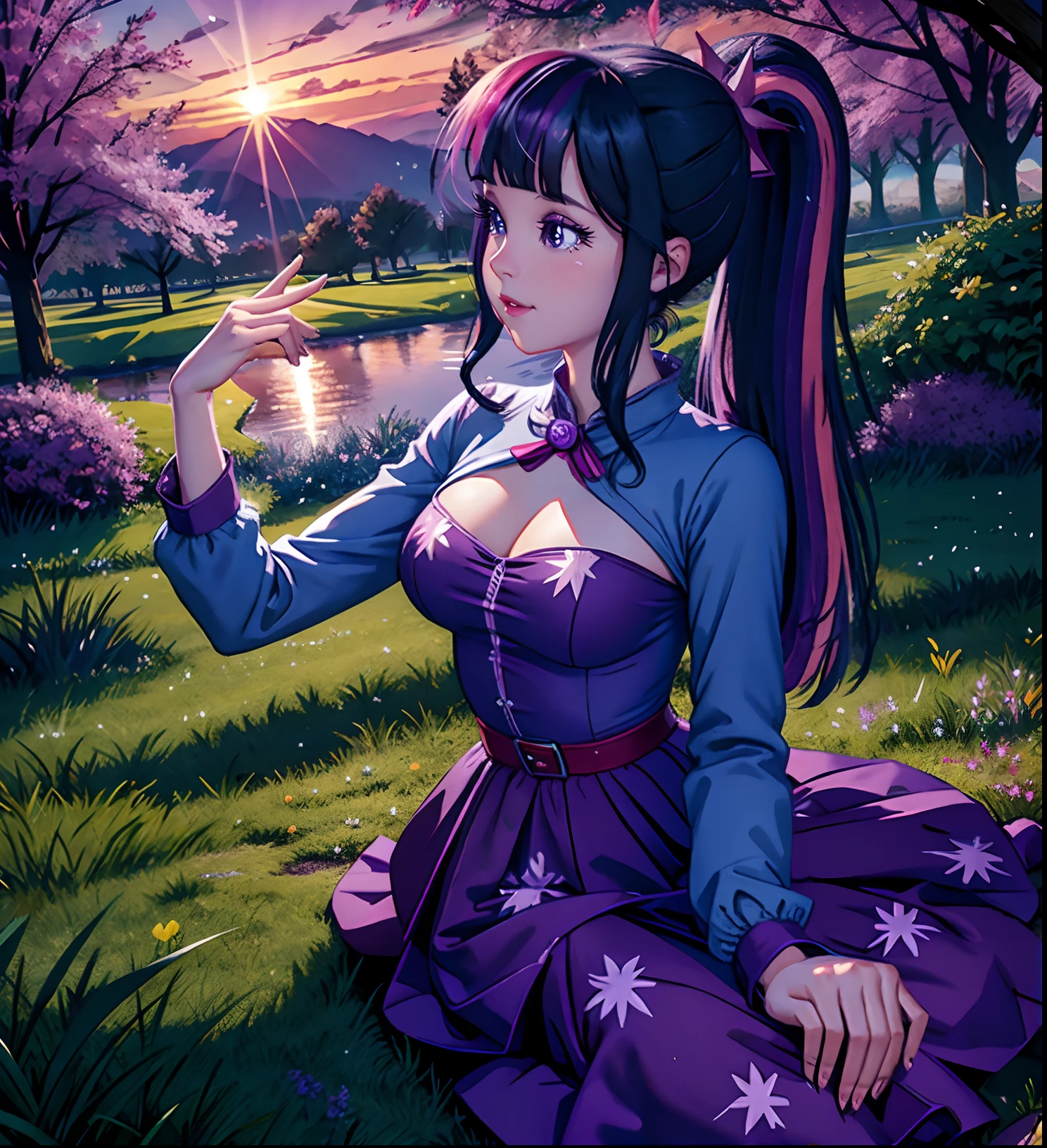 chispa crepúsculo, Twilight Sparkle de mi pequeño pony, Twilight Sparkle en forma de niña, in a Vestido morado, pechos grandes, Pechos exuberantes, en un jardín, noche, Vestido morado, mangas largas, Cielo púrpura, flores que la rodean, sosteniendo muchas flores, árboles de sakura, pétalos cayendo, Luces de jardín, luces moradas, sentado bajo un árbol mirando las estrellas, Atardecer púrpura,