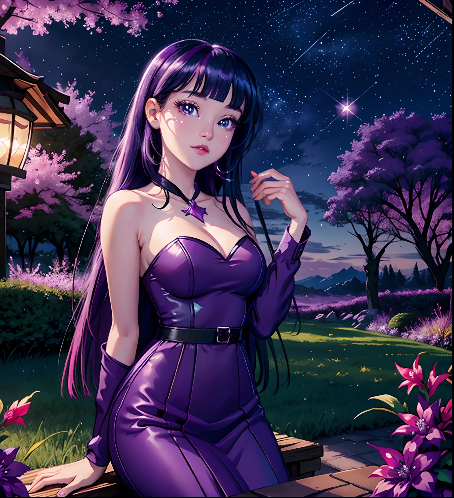 chispa crepúsculo, Twilight Sparkle de mi pequeño pony, Twilight Sparkle en forma de niña, in a Vestido morado, pechos grandes, Pechos exuberantes, en un jardín, noche, Vestido morado, mangas largas, Cielo púrpura, flores que la rodean, sosteniendo muchas flores, árboles de sakura, pétalos cayendo, Luces de jardín, luces moradas, sentado bajo un árbol mirando las estrellas, Atardecer púrpura,