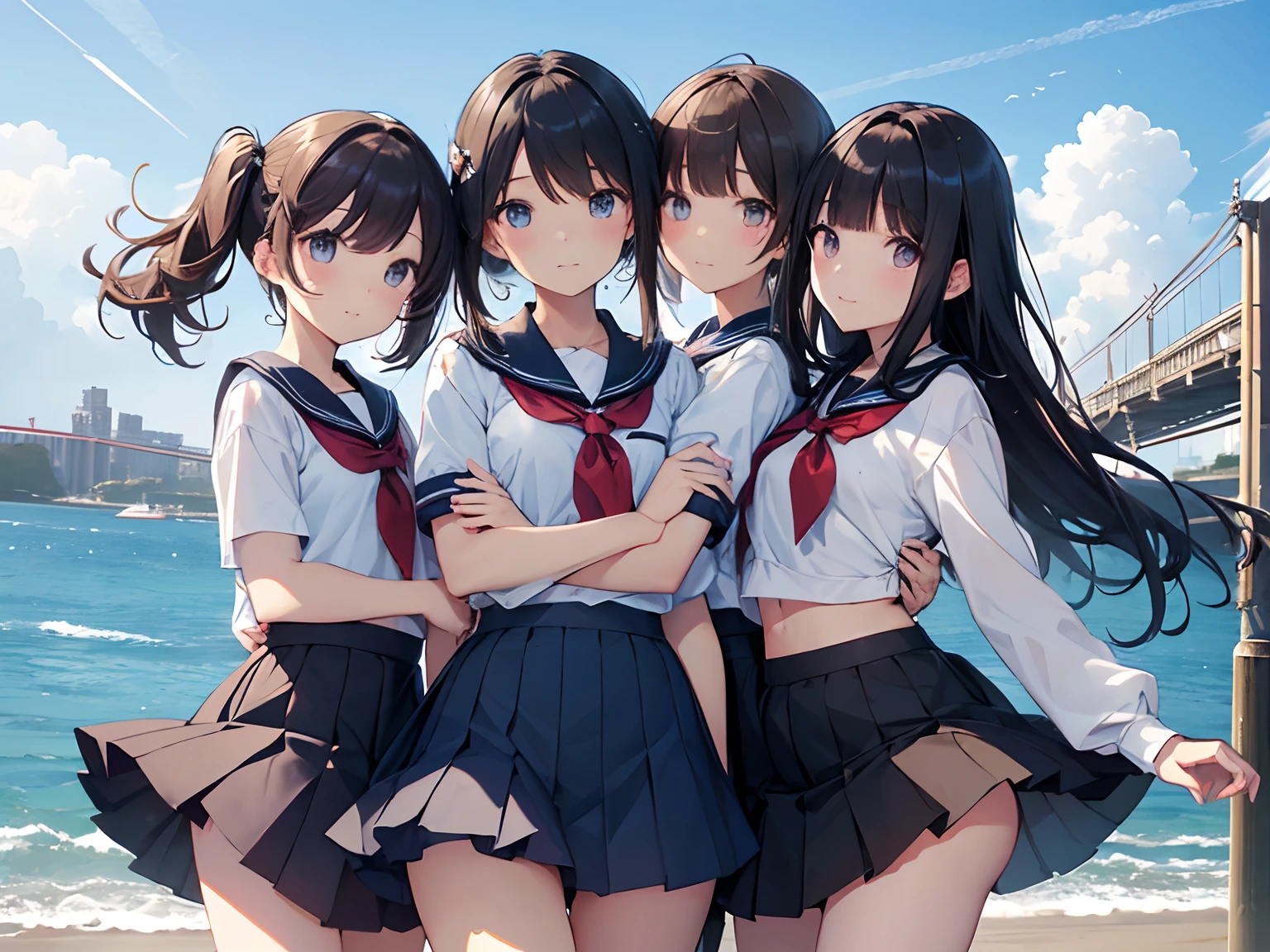 Three girls in school uniforms posing for a picture by the water ...