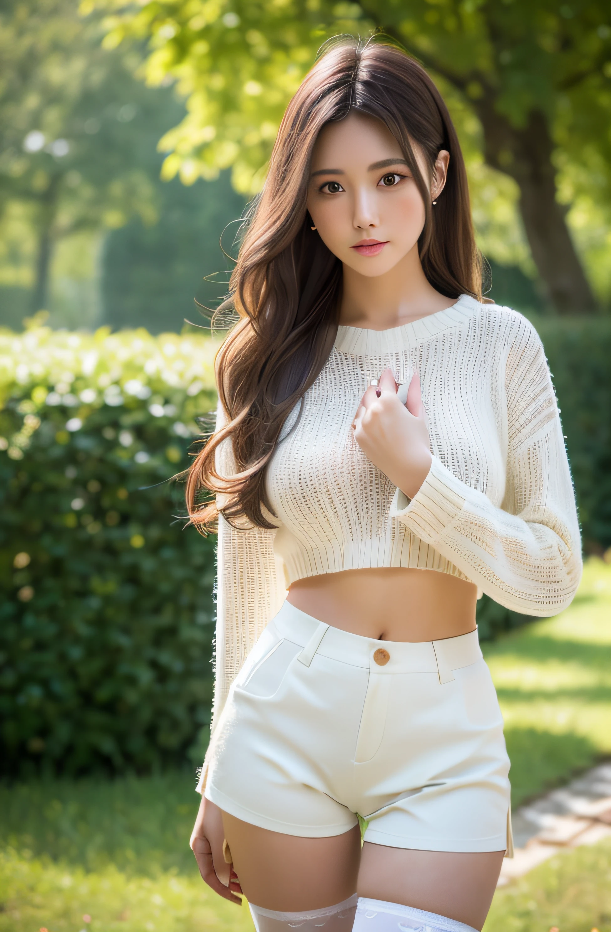 (RAW photo) a girl in a blouse and shorts, and long stockings, (medium breasts), medium long hair, white underwear, random color, long sweater, depth of fields, Real light, Ray tracing, OC renderer, UE5 renderer, Hyper-realistic, best qualtiy, 8K, ((detailed hands)), Correct anatomy.