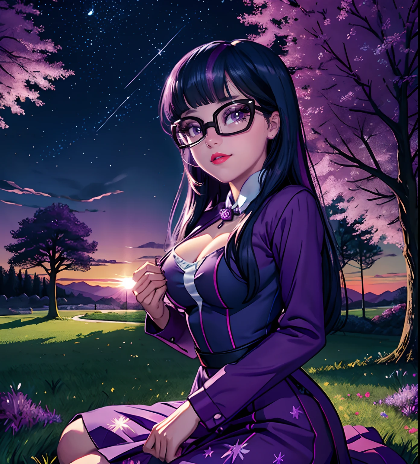 Twilight Sparkle, twilight Sparkle from my little pony, twilight Sparkle in the form of a girl, in a purple dress, big breasts, lush breasts, in a garden, evening, purple dress, long sleeves, purple sky, flowers surrounding her, holding lots of flowers, sakura trees, petals falling, garden lights, purple lights, sitting under a tree staring at the stars, purple sunset, big black glasses, green grass, ((majestic background 1.5))