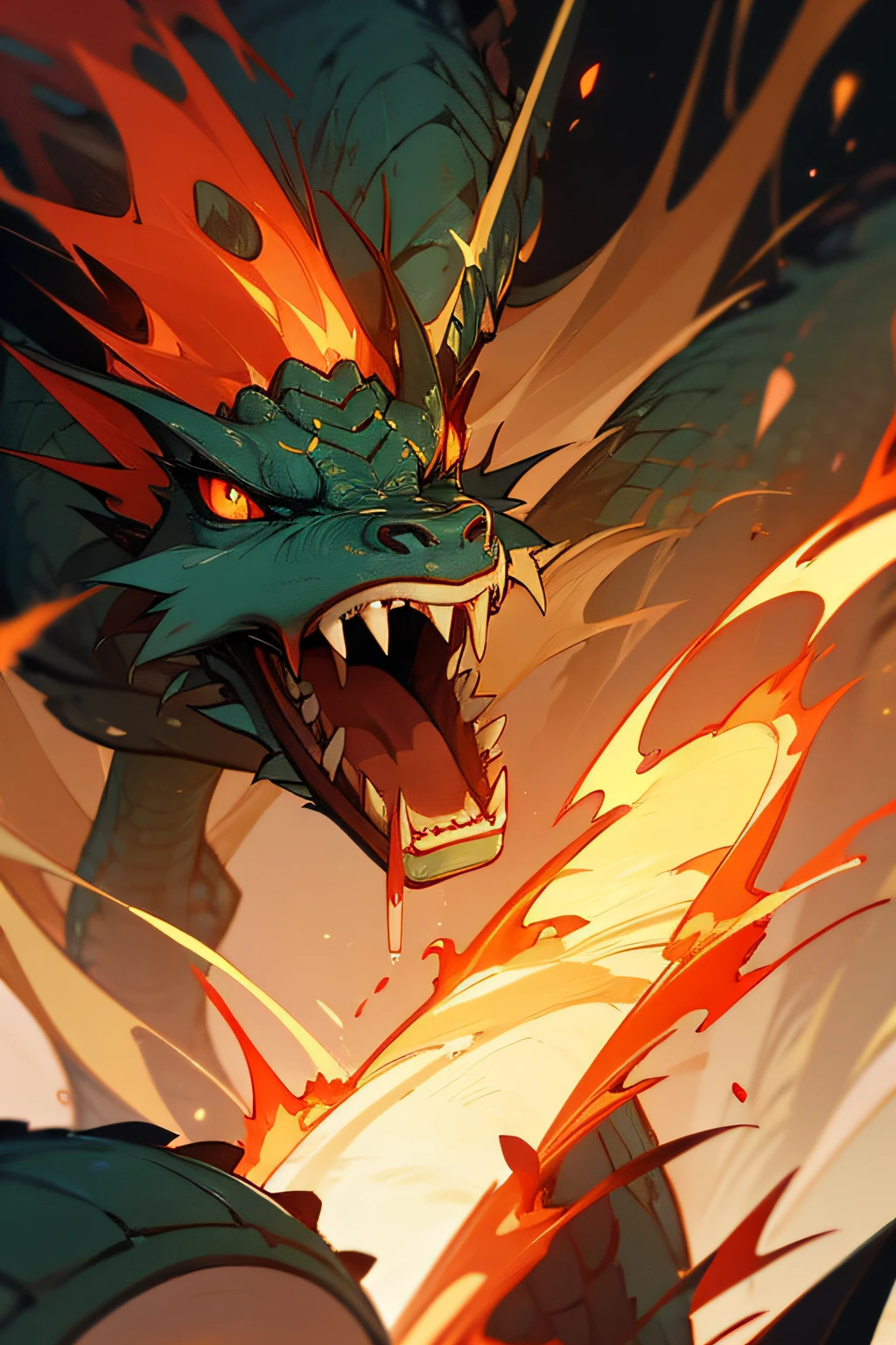 ALTOS DETALHES Estilo chinês，mitologia chinesa, o grande dragão descendo do céu, sua boca ardendo com fogo,