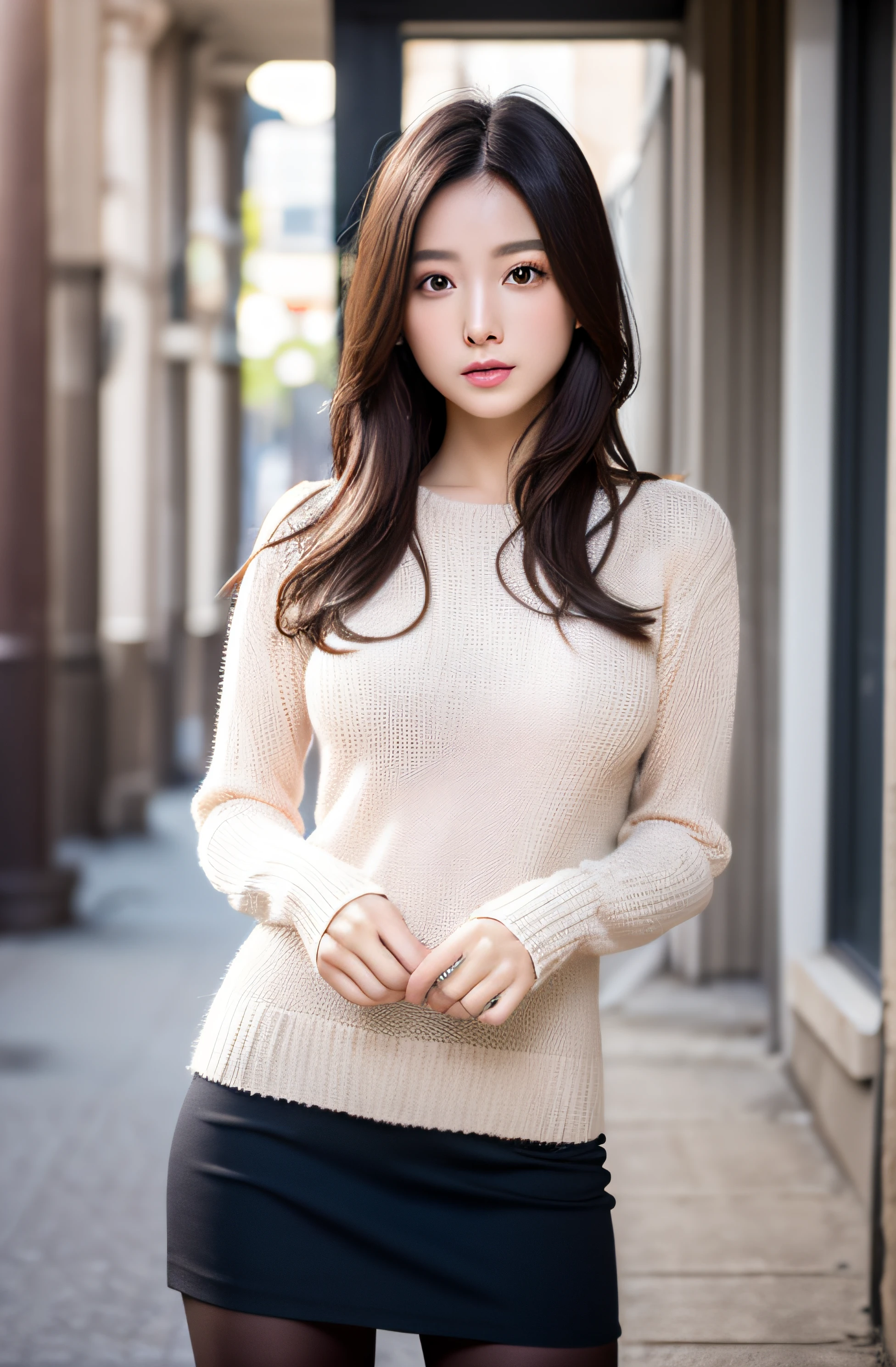 (RAW photo) a girl in a blouse and miniskirt, and pantyhose, (medium breasts), medium long hair, white underwear, random color, long sweater, depth of fields, Real light, Ray tracing, OC renderer, UE5 renderer, Hyper-realistic, best qualtiy, 8K, ((detailed hands)), Correct anatomy.