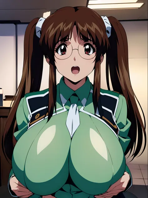 (From the top:1.2),(90s anime style、Anime cel drawing style, Manga style),First_Snow Light, ((Best Quality, High resolution))Bikini Lift,Slipnip,1girl in,Twin-tailed、Brown hair、(areolae slip:1.4), (Huge breasts:1.6), (Green Uniform:1.4),  (eye glass:1.2),B...