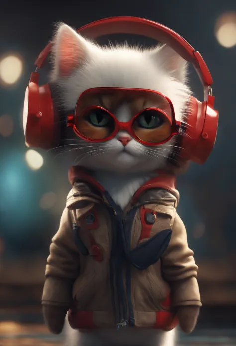 Perfect centering, a cute little cat, Wear a jacket, Wearing sunglasses, Wearing headphones, cheerfulness, Standing position, Abstract beauty, Centered, Looking at the camera, Facing the camera, Approaching perfection, Dynamic, Highly detailed, Smooth, Sha...