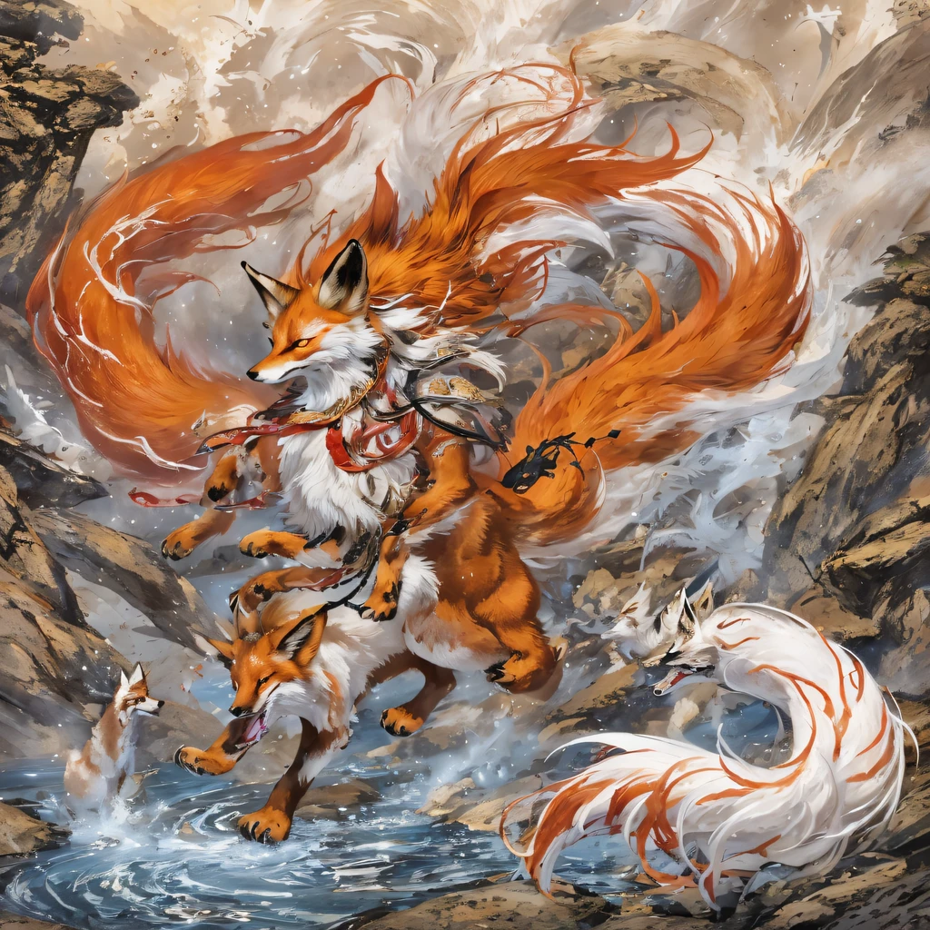 Nine-tailed fox 32K，Red and White Immortal Demon Realm, Chance encounter with Liu Hanshu, He saw in him his former self, It was decided to take him as an apprentice, Teach him how to protect himself, But because of the Tibetan star map, Phoenix and the Liu family、The Jade Sword Sect establishes relationships, It opens with the death of Liu Hanshu, Qin Yu embarked on the road of confrontation with a strong enemy, Working hard, Make yourself stronger, Stick to your own core path of justice, （nine tail fox）eyes filled with angry，The red and white nine-tailed fox clenched its fists，Rush up，Deliver a fatal blow to your opponent，full bodyesbian，Full body nine-tailed fox male mage 32K（Masterpiece Canyon Ultra HD）fenghuang（canyons）Climb the streets， The scene of the explosion（nine tail fox）， （Dragons）， The nine-tailed fox's angry fighting stance， looking at the ground， Batik linen bandana， Chinese red and white pattern long-sleeved garment， Canyon red and white nine-tailed fox（Abstract propylene splash：1.2）Red White（realisticlying：1.4），Black color hair，Flour fluttering，rainbow background， A high resolution， the detail， RAW photogr， Sharp Re， Nikon D850 Film Stock Photo by Jefferies Lee 4 Kodak Portra 400 Camera F1.6 shots, Rich colors, ultra-realistic vivid textures, Dramatic lighting, Unreal Engine Art Station Trend, cinestir 800，Red and white fluttering mist,（（（Jungle Canyon）））The wounded lined up in the streets（vale）Climb the streets，Movie master real-time image quality（tmasterpiece，k hd，hyper HD，32K） （Linen batik scarf）， Combat posture， looking at the ground， Linen bandana， Chinese nine-tailed fox pattern long-sleeved garment， Morning nine-tailed fox（Abstract gouache splash：1.2）， Dark clouds lightning background，sprinkling