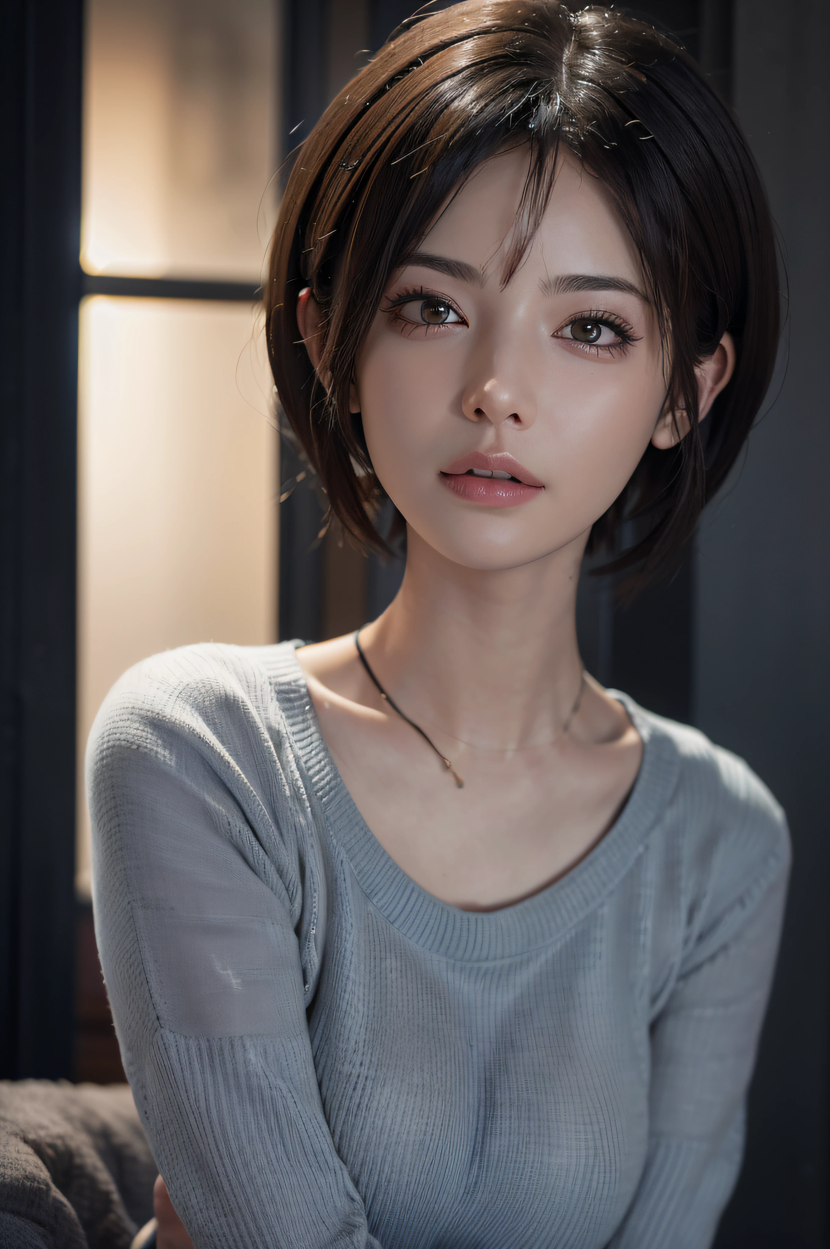 (masterpiece:1.3), (8k, photorealistic, RAW photo, best quality: 1.4), (1girl), beautiful face, (realistic face), (black hair, short hair:1.3), beautiful hairstyle, realistic eyes, beautiful detailed eyes, (realistic skin), beautiful skin, (sweater), absurdres, attractive, ultra high res, ultra realistic, highly detailed, golden ratio