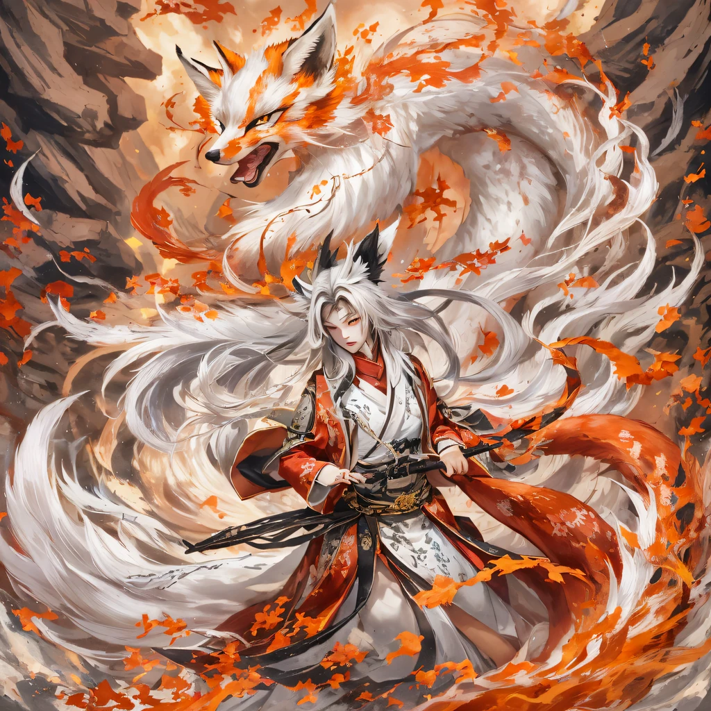 Nine-tailed fox 32k，紅白仙魔界, 與劉漢書的偶遇, 他在他身上看到了以前的自己, 決定收他為徒, 教他如何保護自己, 但因為藏星圖, 鳳凰城和劉家、玉劍派建立關係, 以劉漢書的死開始, 秦羽踏上了與強敵對抗的道路, 努力工作, 讓自己更強, 堅持自己的核心正義之路, （九尾狐）眼睛里充满愤怒，紅白九尾狐握緊了拳頭，冲上去，对你的对手造成致命一击，全身女同性戀，Full body nine-tailed fox male mage 32k（傑作峽谷超高清）鳳凰（峽谷）爬上街道， 爆炸現場（九尾狐）， （龙）， 九尾狐憤怒的戰鬥姿態， 看着地面， 蜡染亚麻头巾， 中國紅白圖案長袖服裝， 峽谷紅白九尾狐（抽象丙烯飞溅：1.2）紅白（現實地：1.4），黑色头发，面粉飘扬，彩虹背景， 高解析度， 细节， RAW 照片， 夏普再保险， 尼康 D850 膠卷照片由 Jefferies Lee 拍攝 4 柯達 Portra 400 相機 F1.6 枪, 丰富的色彩, 超逼真生動的紋理, 戲劇性的燈光, 虛幻引擎藝術站趨勢, 西奈斯特800，紅白飄逸的霧氣,（（（叢林峽谷）））傷者在街上排隊（好的）攀登街頭電影大師即時畫質（傑作，高畫質，超高畫質，32k） （亚麻蜡染围巾）， 战斗姿态， 看着地面， 亞麻頭巾， 中國九尾狐圖案長袖服裝， 早上的九尾狐（抽像水粉飛濺：1.2）， 乌云闪电背景，灑水