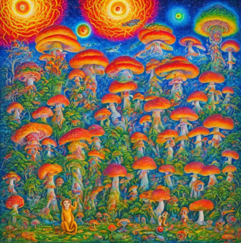 painting of a monkey holding a mushroom in front of a group of people, progressive rock album cover, by Ron Walotsky, deep dream, dmt ego of death, visionary painting, deepdream cosmic, its a deep dream, deepdream, visionary art, dmt art, by John Moonan, d...