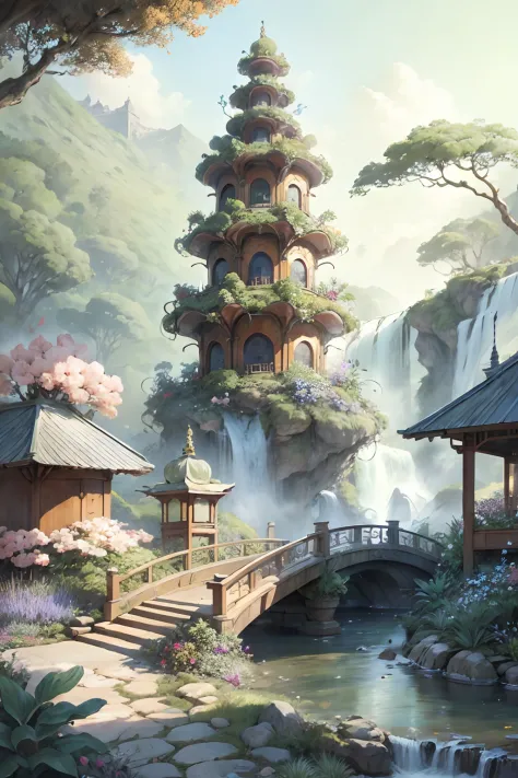 Garden painting with waterfalls and bridges, floral environment, Anime landscape concept art, Anime background art, Magical envi...