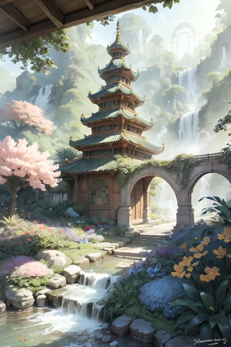 garden painting with waterfalls and bridges, floral environment, anime landscape concept art, anime background art, magical envi...