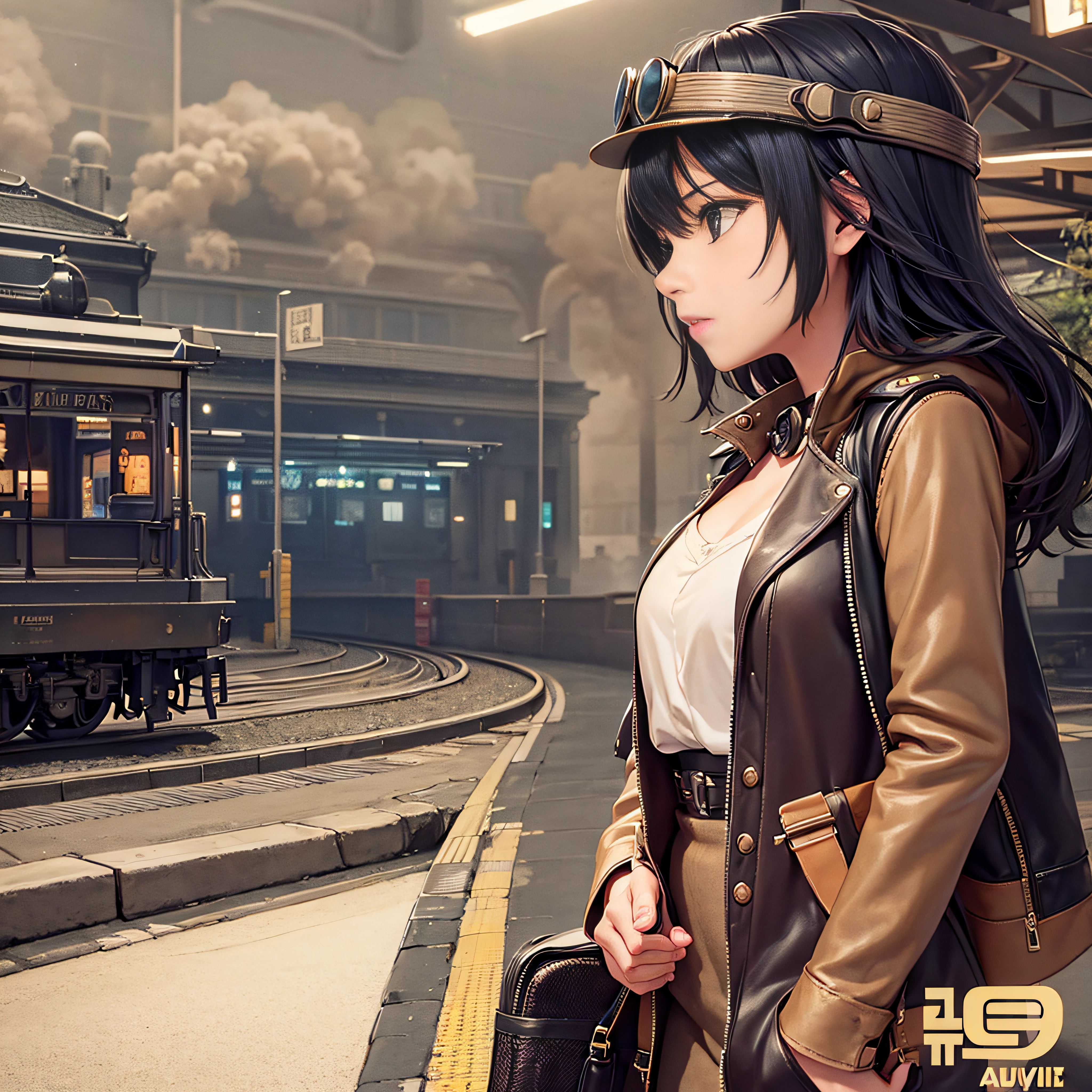 1 girl,  Aviator has ,   Solo,   steampunc, train station,  , steam, Smoke, masutepiece, Highly detailed,nffsw,8K resolution, Best Quality, --auto