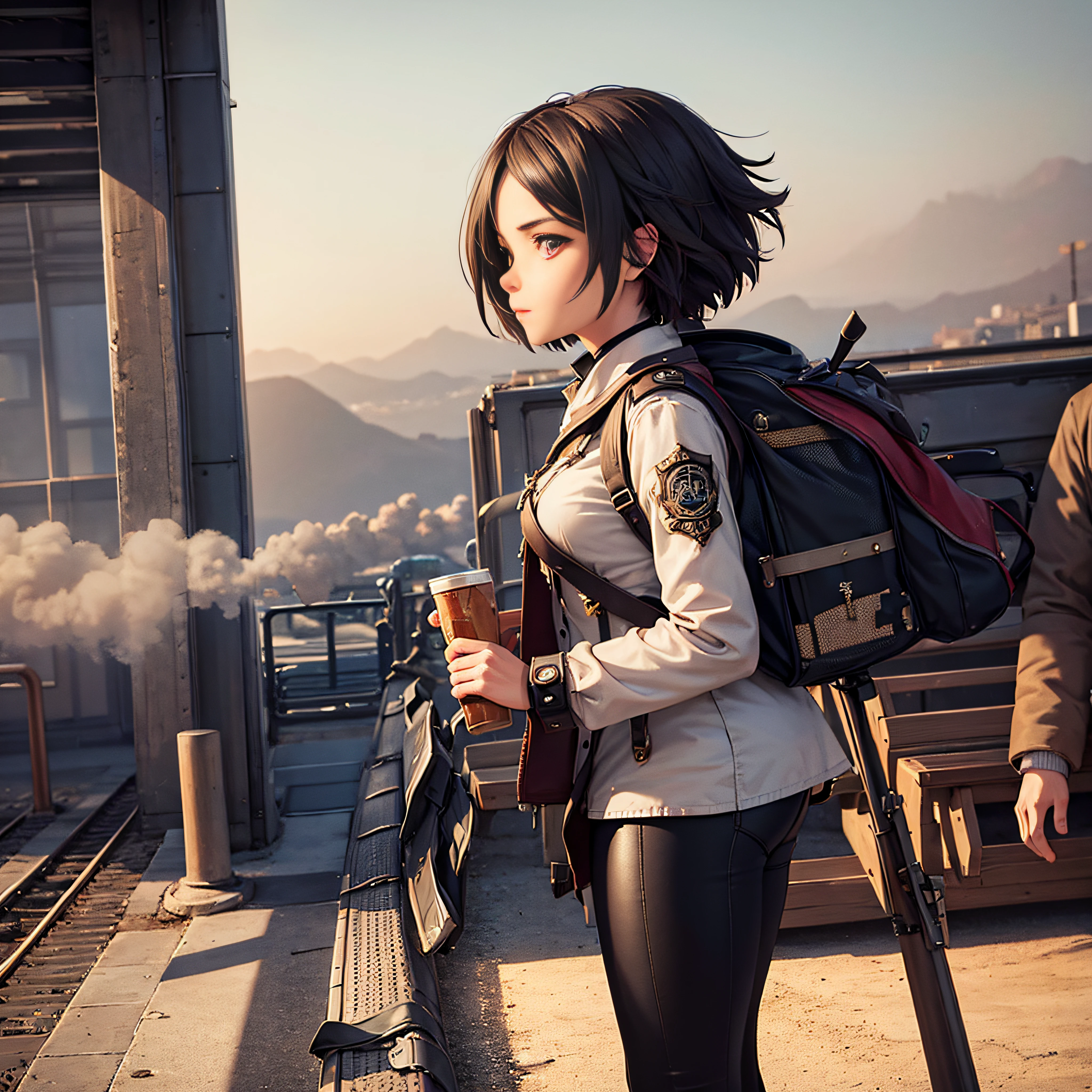 1 girl,  Aviator has ,   Solo,   steampunc, train station,  , steam, Smoke, masutepiece, Highly detailed,nffsw,8K resolution, Best Quality, --auto