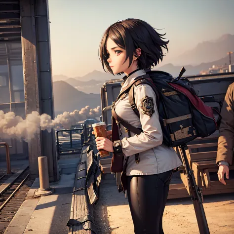 1 girl,  Aviator has ,   Solo,   steampunc, train station,  , steam, Smoke, masutepiece, Highly detailed,nffsw,8K resolution, Be...