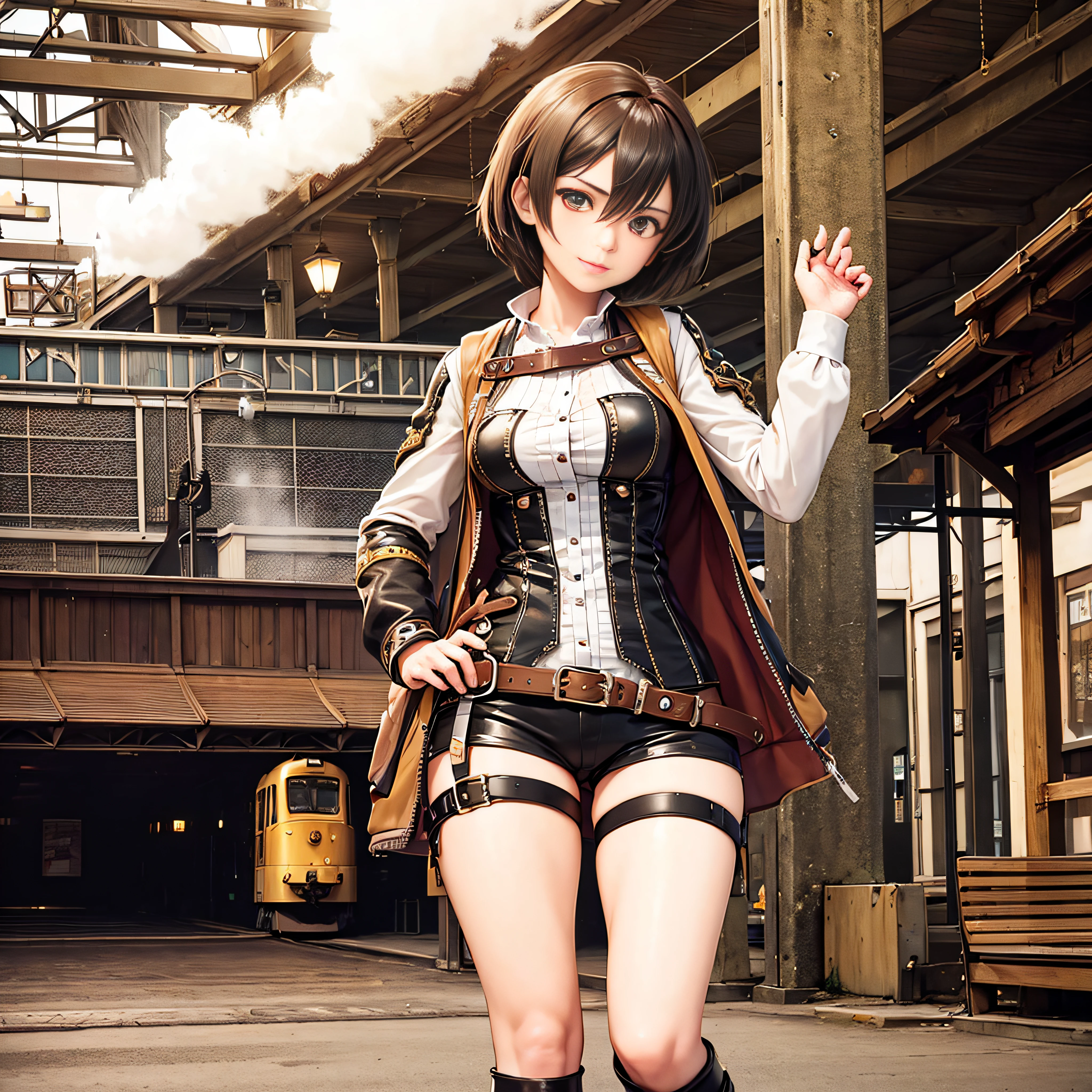 1 girl,  Aviator has ,   Solo,   steampunc, train station,  , steam, Smoke, masutepiece, Highly detailed,nffsw,8K resolution, Best Quality, --auto