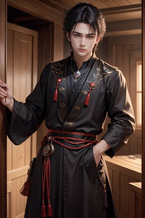 a 20 years-old young man, handsome, ((wearing black noctambulant clothes)), (red silk rope strap to fit the clothes), ((play a s...
