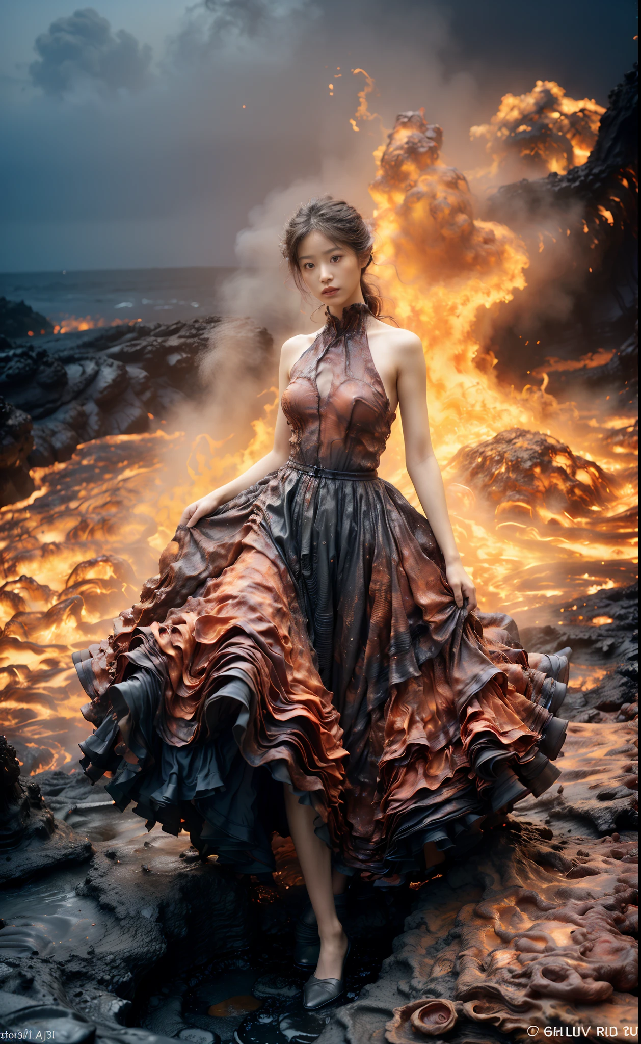 (8K, 原始照片, 最好的品質,傑作:1.2),(實際的, 照片般逼真:1.37), 1個女孩,長腿, 全身女同性戀,(熔岩:1.3),海洋,玫瑰花製成的連身裙，火山喷发岩流，紅外線攝影, 1.4 倍真实感，超高畫質，紋理skomy正確，準確完美的韓國女性臉型，黃金比例)